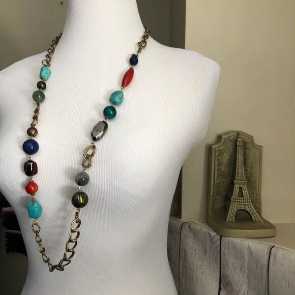 Colorful Long Beaded Necklace on a Gold Tone Chain - Picture 2 of 7